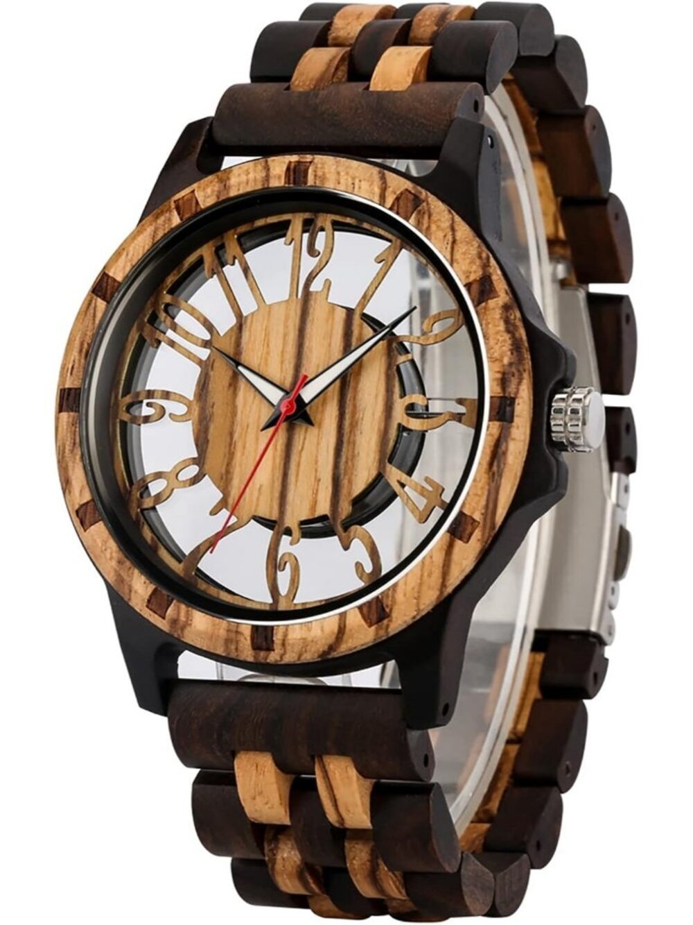 Mens Dark Brown Quartz Ebony Zebra Fold over Clasp Wood Strap Round Wooden Watch
